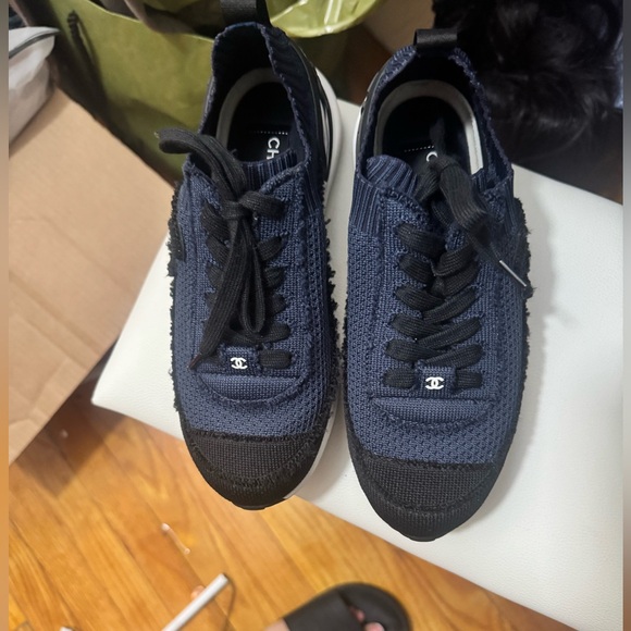 CHANEL women'sDark Blue and Black Knit Sneakers
